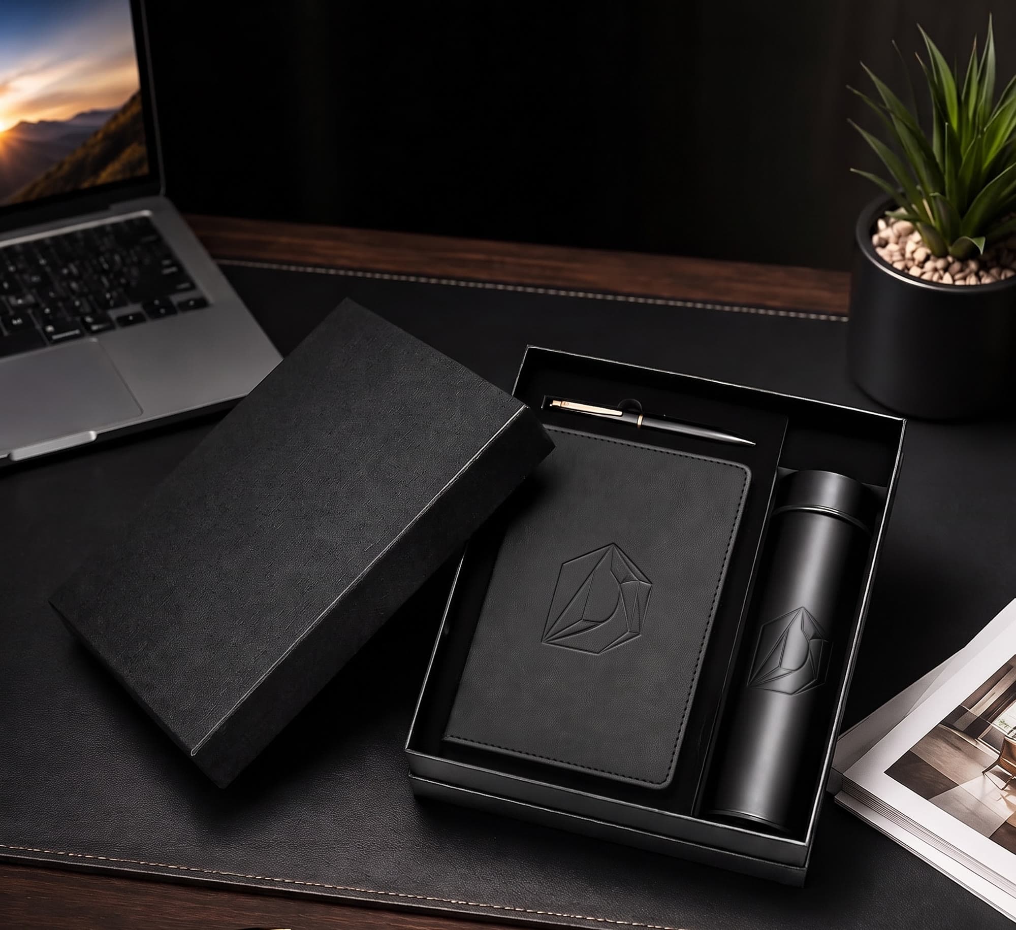A black leather-embossed notebook, pen and flask presented in an open gift box on a desk.