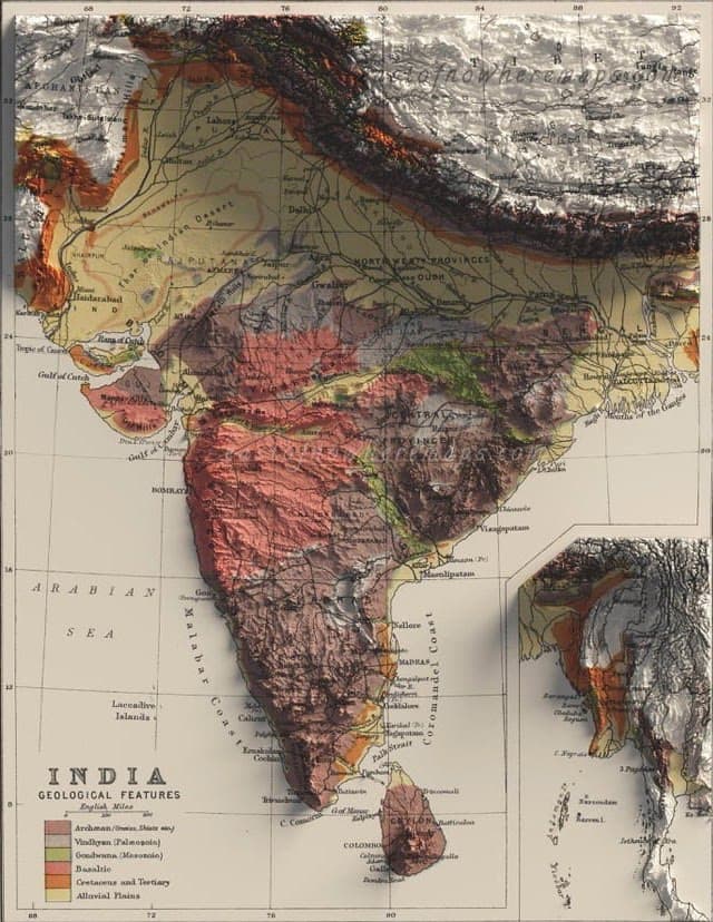 A raised relief map of a region, showing terrain and geological detail in colour.